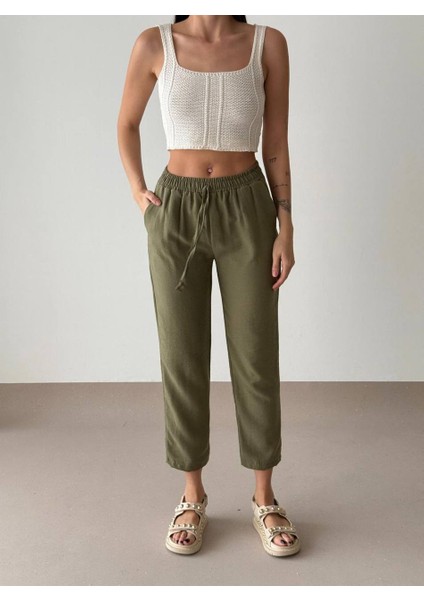 Beli Lastikli Havuç Fit Pantolon Haki