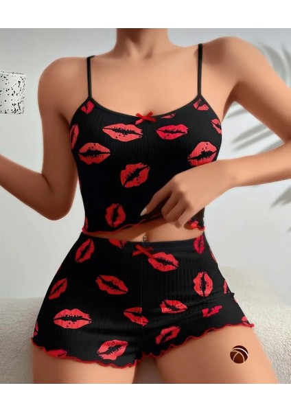 Lily Pembe Siyah Pembe Öpücük Desenli %100 Pamuk Ince Askılı Büstiyer Şort Takım