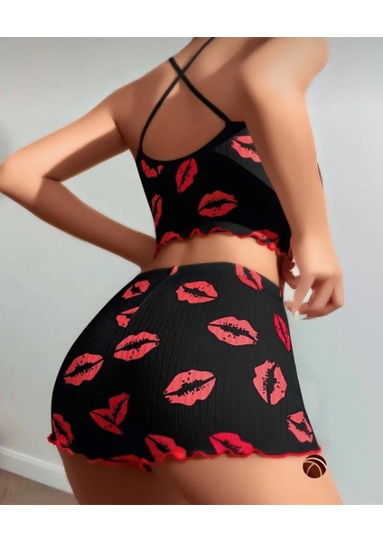 Lily Pembe Siyah Pembe Öpücük Desenli %100 Pamuk Ince Askılı Büstiyer Şort Takım fiyatları