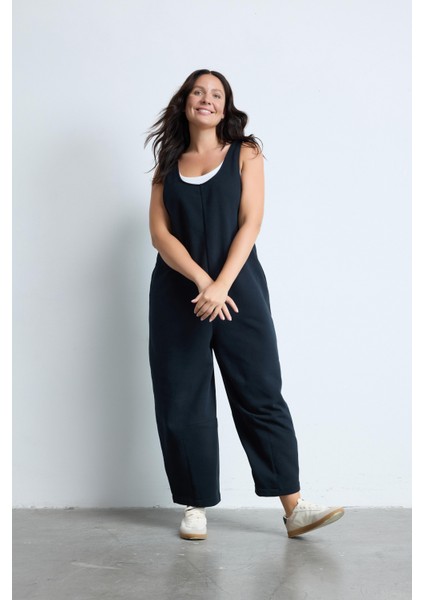 Morgane Bisiklet Yaka %100 Pamuk Büyük Beden Askılı Tulum Siyah