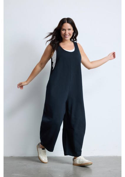 Morgane Bisiklet Yaka %100 Pamuk Büyük Beden Askılı Tulum Siyah fiyatları