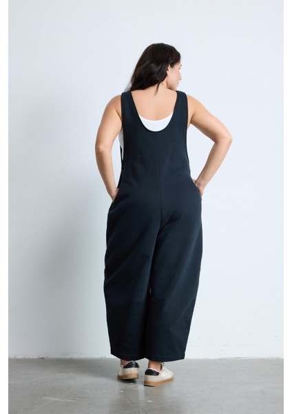 Morgane Bisiklet Yaka %100 Pamuk Büyük Beden Askılı Tulum Siyah modelleri