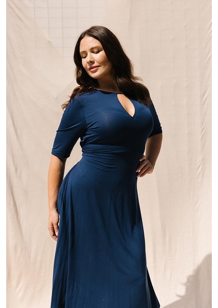 Amelıa Bisiklet Yaka Büyük Beden Elbise Lacivert