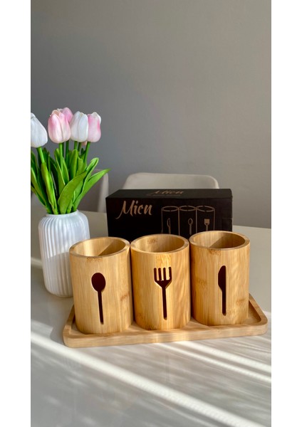 3 Bölmeli Bambu Kaşık - Çatal - Bıçak Organizeri modelleri