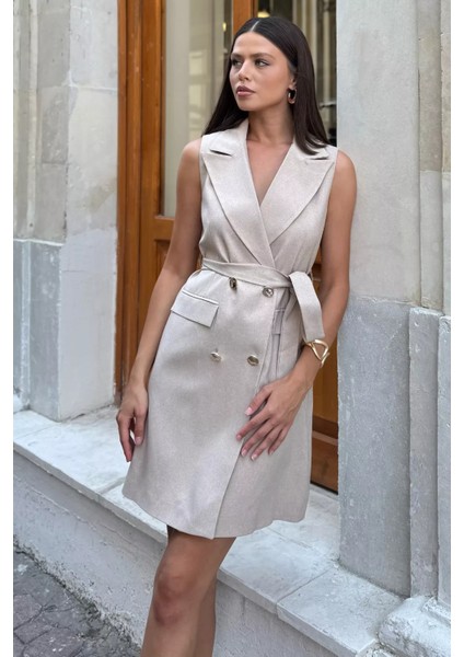 Kadın Kruvaze Yaka Gold Düğme Detaylı Elbise P-00017891