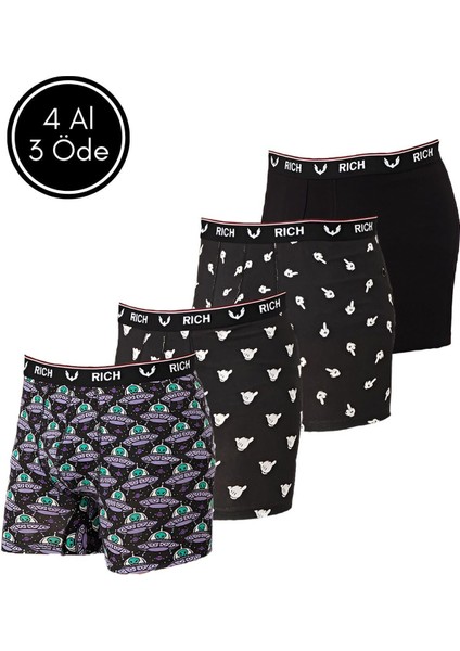 Erkek Likralı Desenli ve Düz 4'lü Boxer Paketi