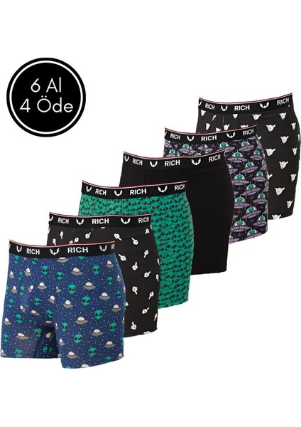 Erkek Likralı Desenli ve Düz 6'lı Boxer Paketi