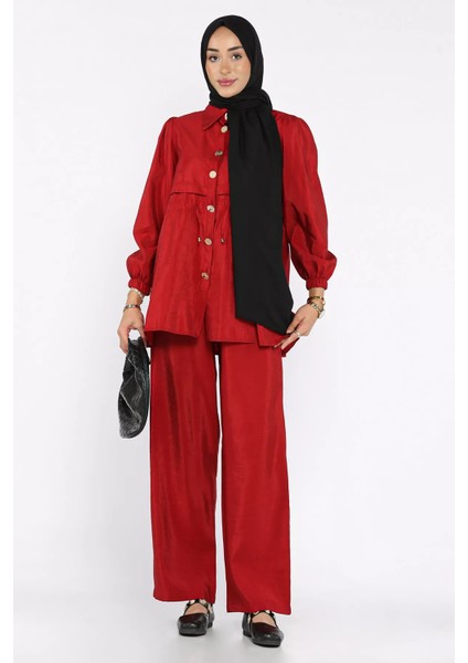 Kadın Gold Düğmeli Bel Bağlama Detaylı Tunik Pantolon Tesettür Ikili Takım (S-M-L Beden Uyumludur.) P-00017892