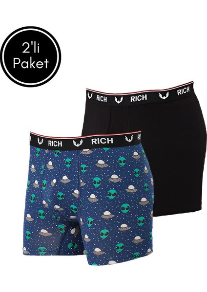 Erkek Likralı Desenli ve Düz 2'li Boxer Paketi