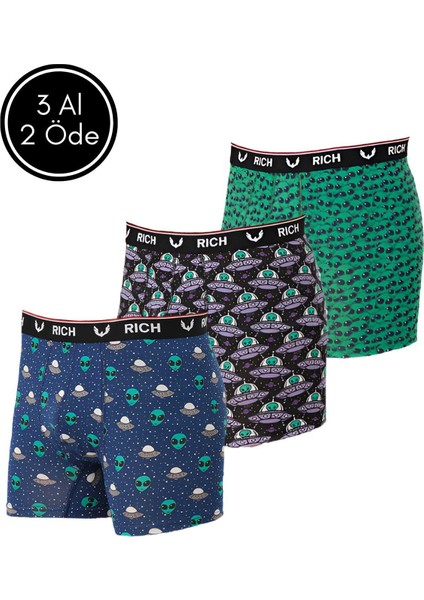 Erkek Likralı Desenli ve Düz 3'lü Boxer Paketi