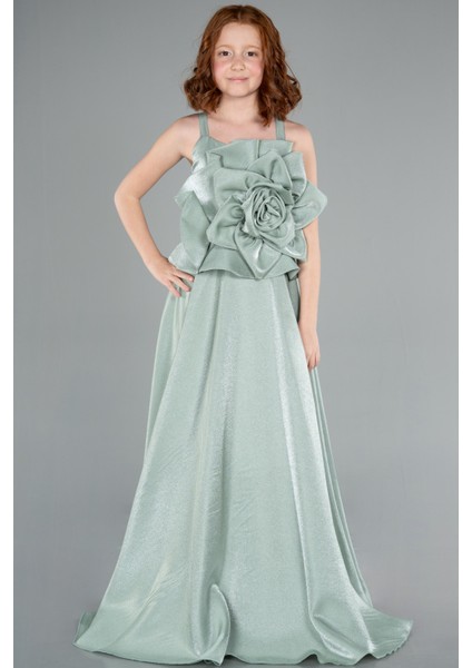 Askılı Gül Detaylı Uzun Kız Çocuk Abiye ABU4831