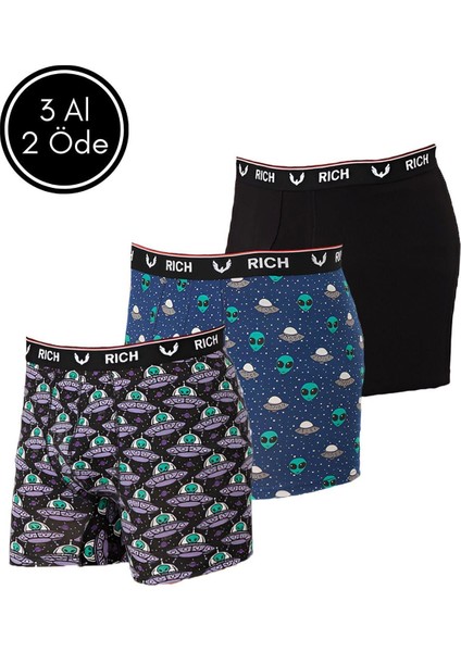 Erkek Likralı Desenli ve Düz 3'lü Boxer Paketi