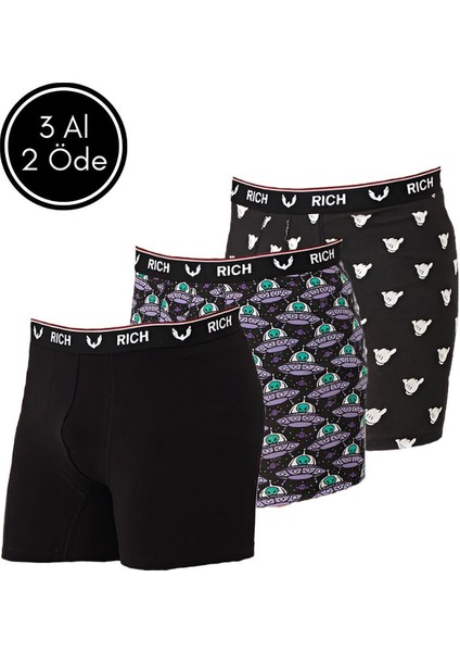 Erkek Likralı Desenli ve Düz 3'lü Boxer Paketi