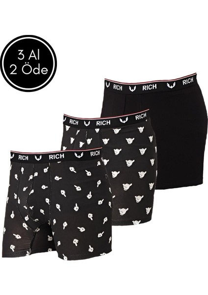 Erkek Likralı Desenli ve Düz 3'lü Boxer Paketi
