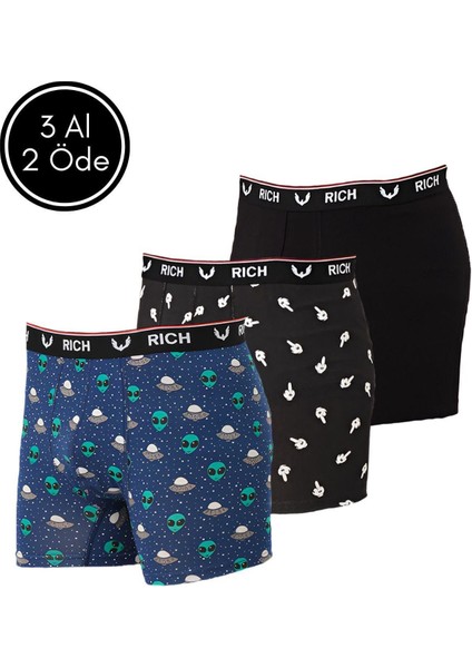 Erkek Likralı Desenli ve Düz 3'lü Boxer Paketi