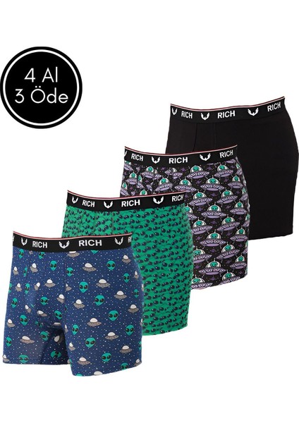 Erkek Likralı Desenli ve Düz 4'lü Boxer Paketi