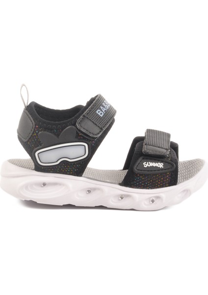 Siyah Cırtlı Işıklı Erkek Çocuk Düz Sandalet