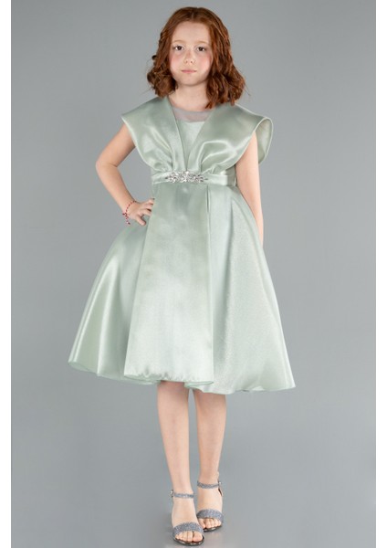 Taş Detaylı Kısa Saten Kız Çocuk Abiye ABO113