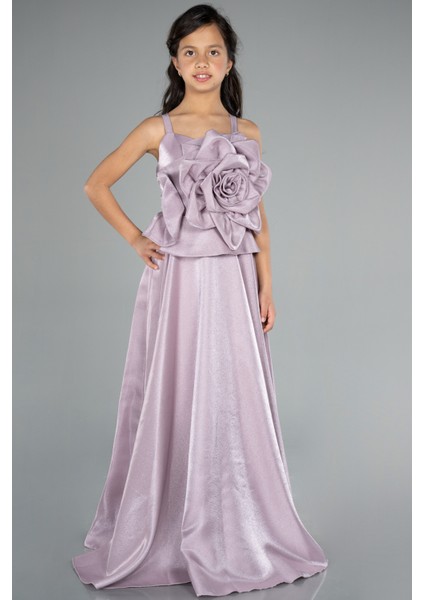 Askılı Gül Detaylı Uzun Kız Çocuk Abiye ABU4831