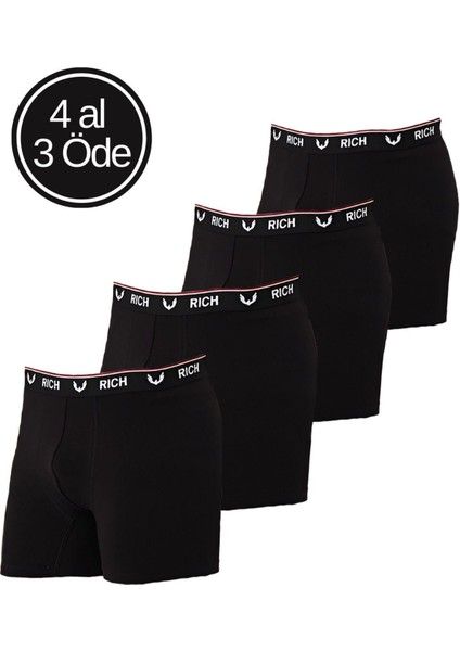 Erkek Siyah Likralı Düz 4'lü Boxer Paketi