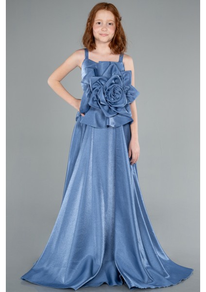 Askılı Gül Detaylı Uzun Kız Çocuk Abiye ABU4831