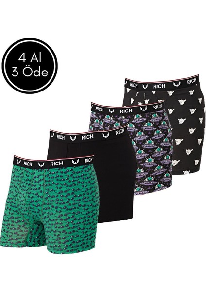 Erkek Likralı Desenli ve Düz 4'lü Boxer Paketi