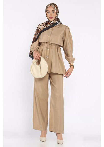 Kadın Gold Düğmeli Bel Bağlama Detaylı Tunik Pantolon Tesettür Ikili Takım (S-M-L Beden Uyumludur.) P-00017892