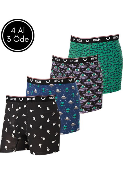 Erkek Likralı Desenli ve Düz 4'lü Boxer Paketi