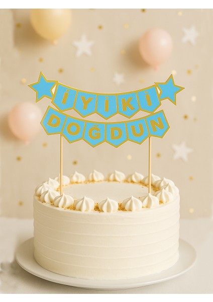 Pasta Üstü Banner Iyi Ki Doğdun Yazılı Doğum Günü Pasta Süsü Mavi Gold