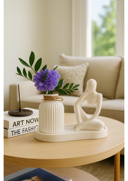 Minimalist Heykel ve Vazo Seti – Dekoratif El Yapımı Beton Tepsi Üzerinde Estetik Tasarım