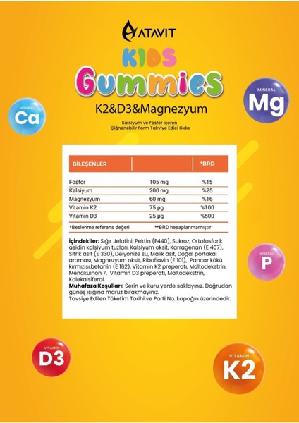 Asfstore Atavit Kids D3 K2 Magnezyum 60 Gummies 2 Adet fiyatları
