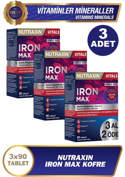 Asfstore Nutraxin Iron Max 90 Tablet - 3 Al 2 Öde 3 Adet