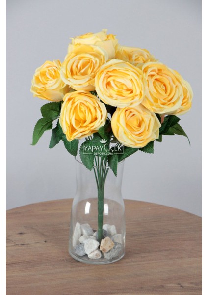 Yapay Çiçek 9lu Kat Kat Gül Demeti 42 cm Sarı