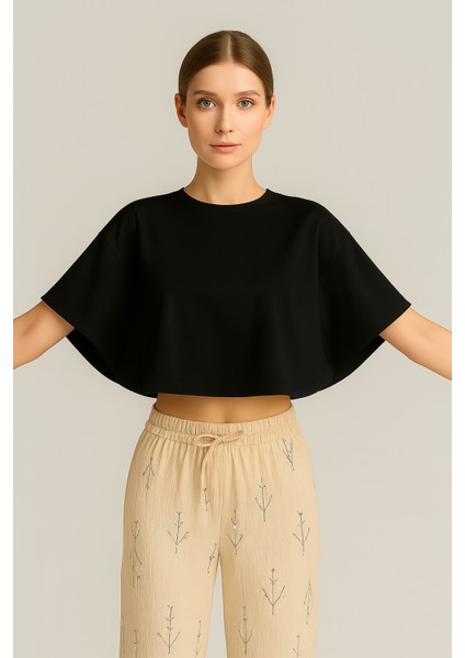 Store Yarasa Kol Crop Bluz – %100 Pamuk, Tok Kumaş