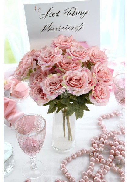 Yapay Çiçek 7 Dallı Puket Gülü Demeti 40 cm Ebruli Pembe