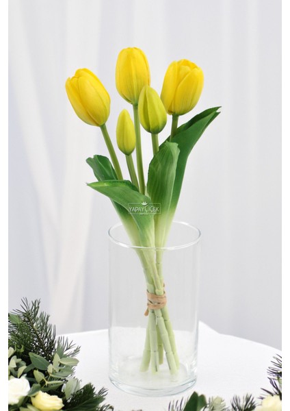 Gerçek Dokulu Lüx 5 Dallı Tulipa Lale Buketi Sarı