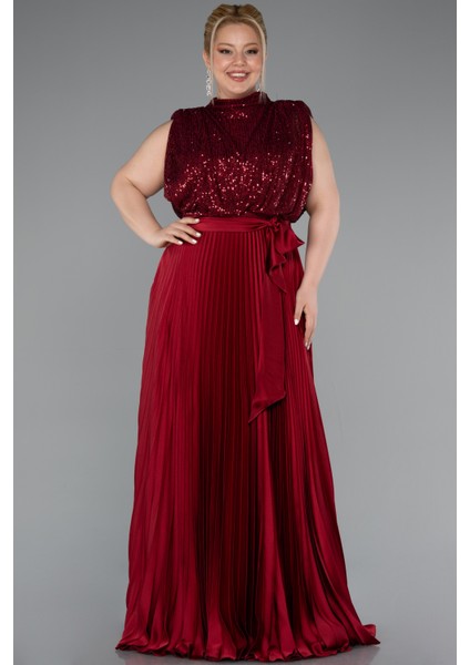 Saten Ateş Pile Uzun Büyük Beden Abiye ABU3341