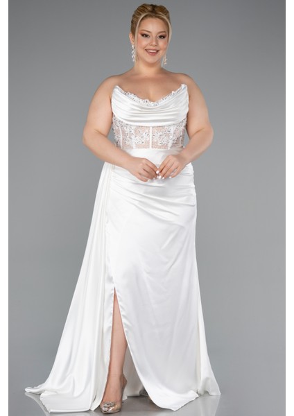 Straplez Drapeli Uzun Saten Büyük Beden Abiye ABU3855