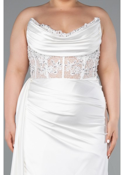 Straplez Drapeli Uzun Saten Büyük Beden Abiye ABU3855 modelleri