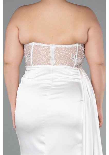 Straplez Drapeli Uzun Saten Büyük Beden Abiye ABU3855 fırsatları