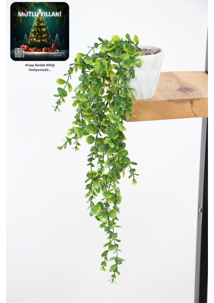 Yapay Çiçek Yoğun Yapraklı Yeşil Okaliptus Sarkıt (Beyaz Mika Saksılı) 80 cm