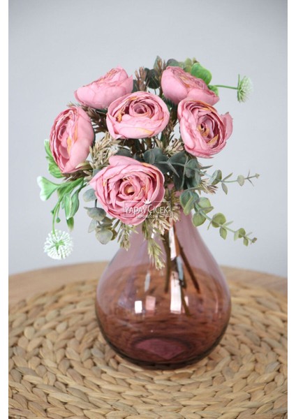 Yapay Çiçek Ara Dallı Yassı Şakayık Gül Buketi 30 cm Pastel Pembe