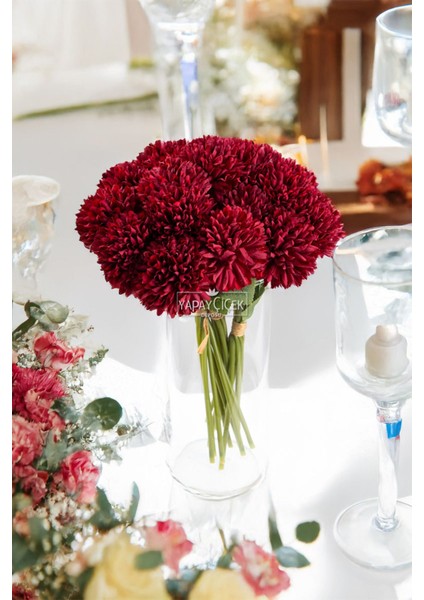 Yapay Çiçek Top Krizantem 7li Mini Kartopu Demeti 30 cm Bordo