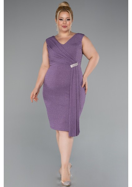 Kolsuz V Yaka Simli Midi Büyük Beden Abiye ABK1752