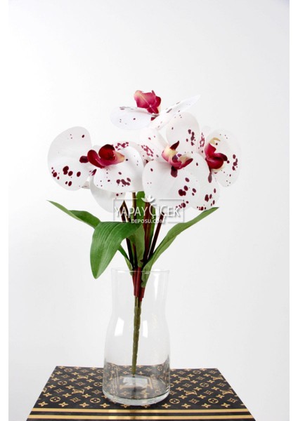 Yapay 7 Dallı Islak Dokulu Orkide Demeti 40 cm Bordo Benekli