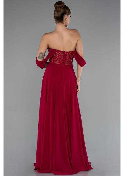 Işlemeli Kayık Yaka Yırtmaçlı Uzun Şifon Abiye ABU3310 fiyatları