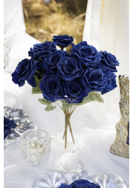 Yapay Çiçek 7 Dallı Puket Gülü Demeti 40 cm Lacivert