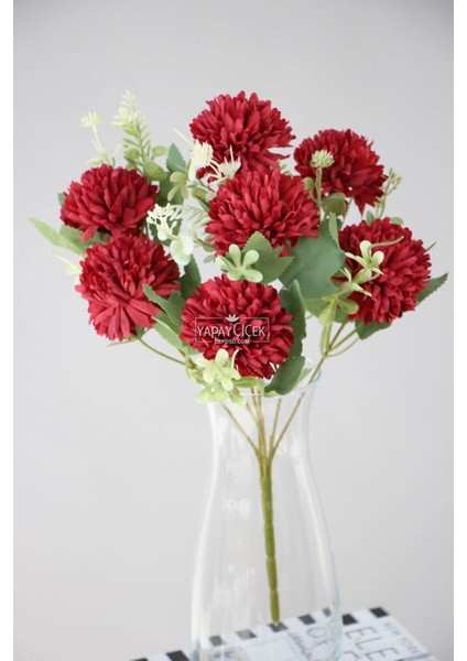 Yapay Çiçek 7 Dallı Garnitürlü Hindiba-Kartopu-Krizantem Demeti 35 cm Kırmızı