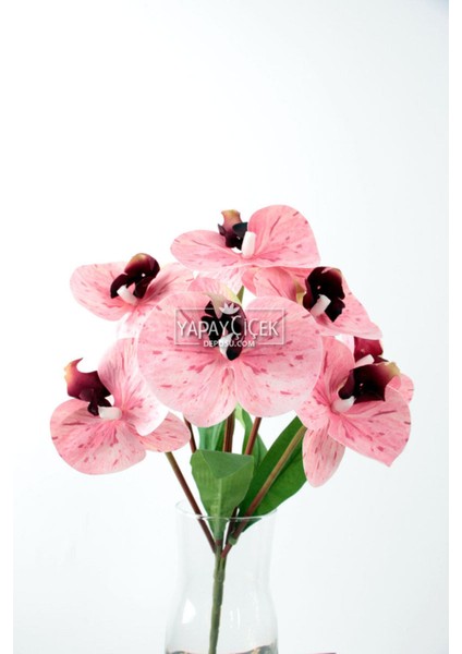 Yapay 7 Dallı Islak Dokulu Orkide Demeti 40 cm Pembe Benekli