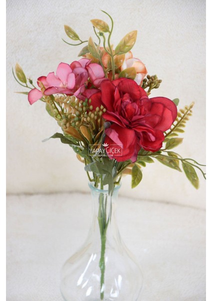 Yapay Mini Garnitürlü Çalı Gülü-Ortanca Demeti Bordo-Kahve